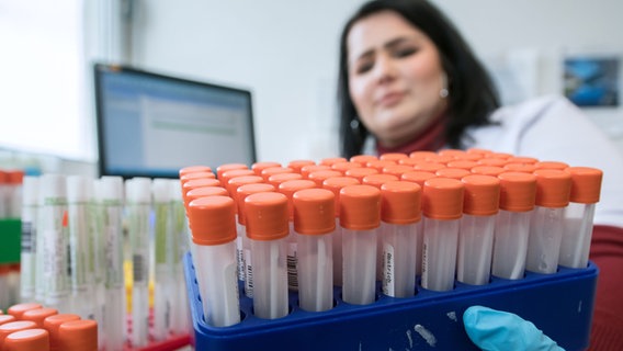 Eine Frau sortiert Röhrchen mit Rachenabstrichen, die auf den Coronavirus untersucht werden. © picture alliance/dpa/dpa-Zentralbild Foto: Hendrik Schmidt