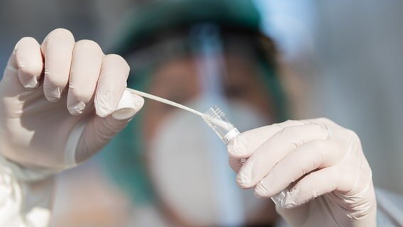 Ein Mensch in Schutzkleidung hält ein Röhrchen mit Abstrichen für einen PCR-Test. © picture alliance Foto: picture alliance/dpa/Tom Weller