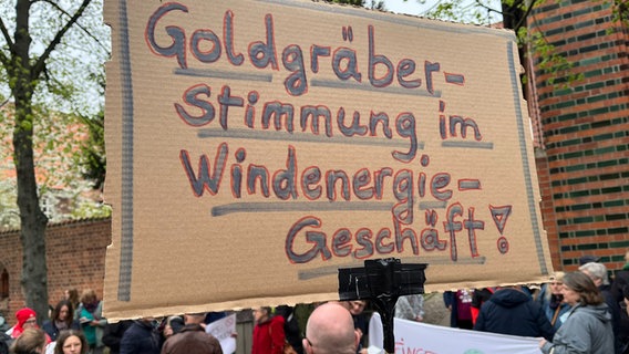 Bürger demonstrieren vor dem Lüneburger Rathaus mit einem Schild gegen einen Windpark im Wald. © NDR Foto: Benjamin Bigger