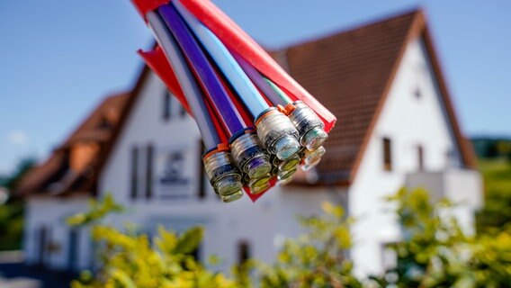 Ein Bündel Glasfaserkabel vor einem Wohnhaus. © Picture Alliance Foto: Uwe Anspach