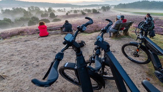 Teilnehmer einer E-Bike-Tour genießen den Sonnenaufgang in der Lüneburger Heide. © dpa-Bildfunk Foto: Philiupp Schulze