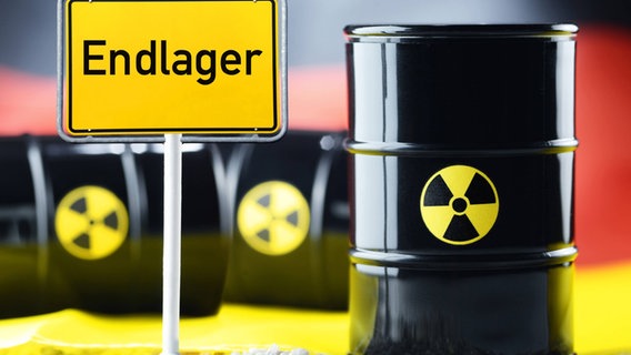 Bildmontage: Atommüllfässer, ein Ortsschild mit der Aufschrift "Endlager". Im Hintergrund eine Deutschlandfahne (unscharf). © picture alliance/blickwinkel 