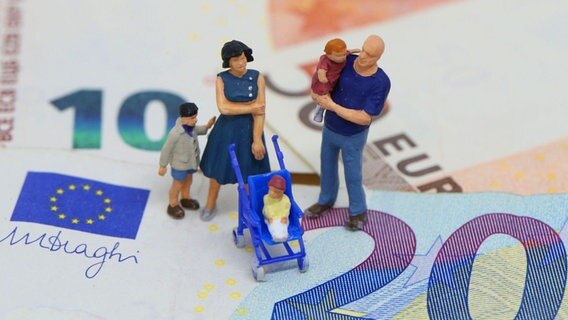 Spielfiguren stellen eine Familie mit Kindern da, die auf Geldscheinen stehen. © picture alliance/Eibner-Pressefoto Foto: Wuest