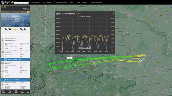 Ein Screenshot von Flightradar24.com zeigt die Flugroute eines italienischen Löschflugzeuges bei der Bekämpfung eines Waldbrandes am Brocken. © Flightradar24.com 