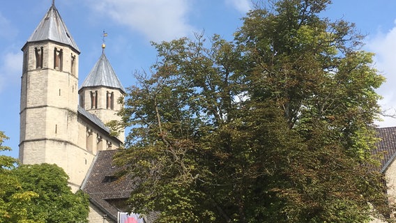 Eine Kirche mit zwei Glockentürmen, davor ein großer Baum. © Stadt Bad Gandersheim 