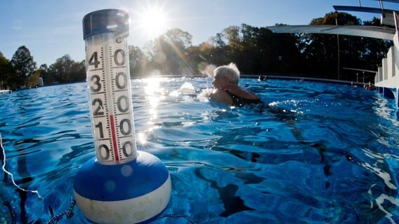 Eine Frau schwimmt im Freibad Annabad, während ein Thermometer die Wassertemperatur anzeigt. © dpa Foto: Julian Stratenschulte