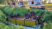 Ein Planwagen liegt umgekippt in einem Graben im Landkreis Freren. Dahinter stehen vier Krankenwagen. © Nord-West-Media TV 