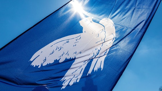 Eine Fahne mit einer Friedenstaube weht vor Sonnenschein- © picture alliance/dpa/Frank Hammerschmidt 