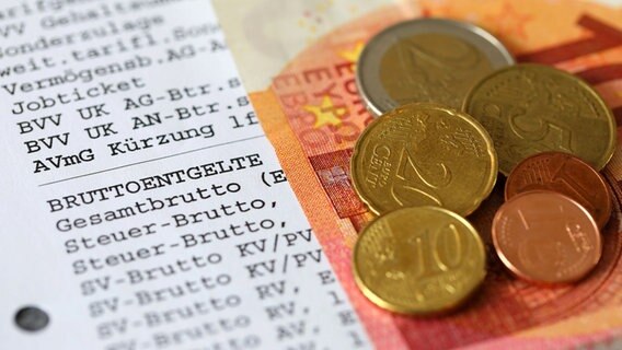 Ein Zehn-Euro-Schein und Münzen liegen auf einer Lohnabrechnung. © dpa- picture alliance Foto: Micha Korb