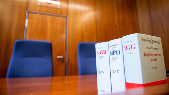 Drei Gesetzbücher (StGB, StPO und JGG) stehen auf einem einem Richtertisch. © dpa/picture alliance Foto: Swen Pförtner