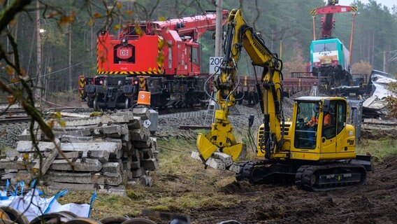 Eine verunfallte Lok wird mit einem Kran auf einen Waggon gehoben. © dpa-Bildfunk Foto: Philipp Schulze/dpa