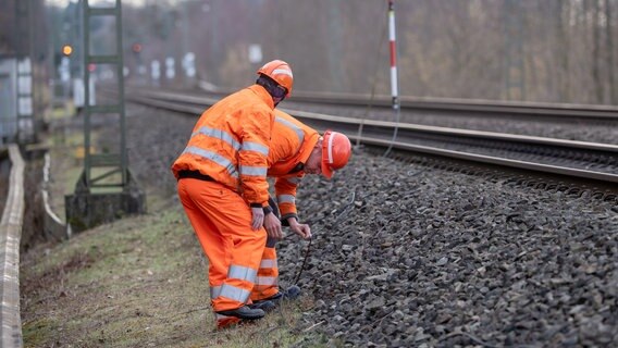 Zwei Bahnarbeiter untersuchen eine Oberleitung. © picture alliance/dpa | Peter Kneffel Foto: Peter Kneffel