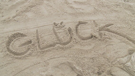 Das Wort Glück in Sand geschrieben.  