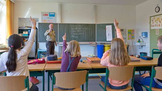 Schülerinnen und Schüler in der Grundschule melden sich im Unterricht. © picture alliance/imageBROKER Foto: Siegfried Kuttig