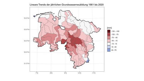 Linerae Trends der jährlichen Grundwasserneubildung von 1961 bis 2020 sind in einer Karte zu sehen. © Landesamt für Bergbau, Energie und Geologie 