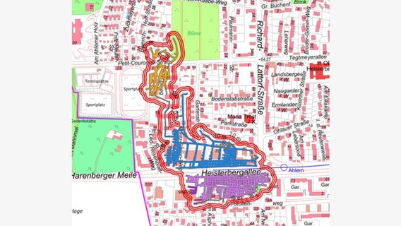 Auf einer Straßenkarte des Stadtteils Hannover-Ahlem sind Nordstollen (gelb), Mittelstollen (blau) und Südstollen (violett) eingezeichnet. Auf einer Straßenkarte des Stadtteils Hannover-Ahlem sind Nordstollen (gelb), Mittelstollen (blau) und Südstollen (violett) eingezeichnet. © LHH