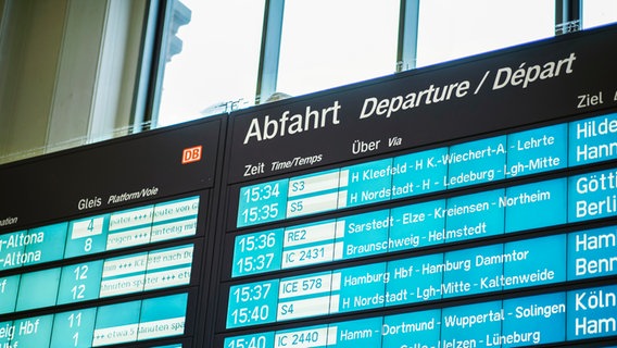 Im Hauptbahnhof Hannover sind Abfahrtszeiten und Ziele der Züge auf einer großen Anzeige zu sehen. © NDR Foto: Julius Matuschik