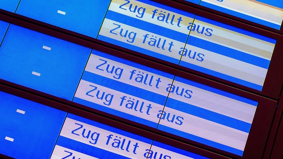 Eine Anzeigetafel am Hauptbahnhof in Hannover informiert über Zugausfälle. © dpa Foto: Moritz Frankenberg
