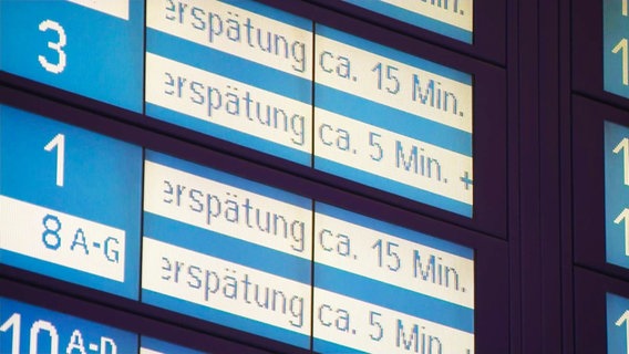 Auf einer Anzeigetafel stehen Zugverspätungen. © NDR 