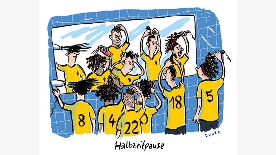 Der  Cartoon "Halbzeitpause" von Bettina Bexte zeigt Fußballer, die sich in der Kabine ausgiebig mit ihren Frisuren beschäftigen. © Bettina Bexte 