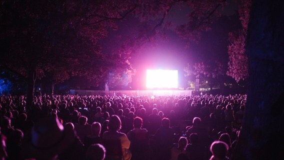 Pink leuchtet die Leinwand beim NDR Klassik Open Air 2018 (Generalprobe), davor Zuschauer. © NDR Foto: Julius Matuschik