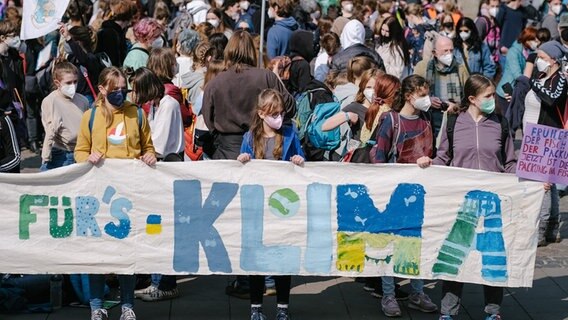 Schüler tragen bei einer Fridays for Future Demonstration ein Banner vor sich mit der Aufschrift "Für´s Klima". © dpa-Bildfunk Foto: Ole Spata