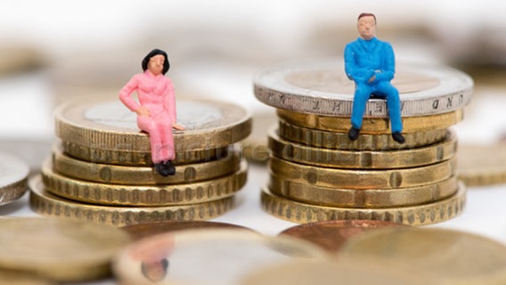 Die Figuren eines Mannes und einer Frau sitzen auf Stapeln aus Geldmünzen (gestellte Szene). © picture alliance Foto: Andrea Warnecke