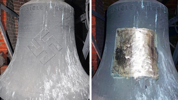 Collage aus Fotos von der Schweringer Glocke mit und ohne Nazisymbolen.  