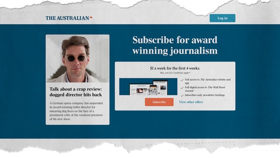 Ein Screenshot eines Onlineartikels der Zeitung "The Australian" über die Hundekot-Attacke von Marco Goecke © The Australian 