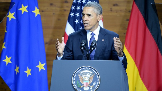 US-Präsident Barack Obama hält eine Rede auf der Hannover Messe. © dpa - Bildfunk Foto: Sebastian Gollnow/dpa