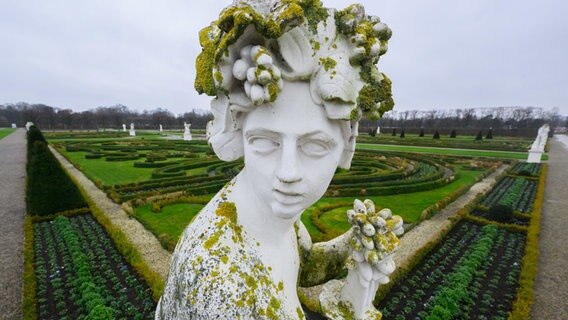 Moos wächst auf einer Figur im Großen Garten der Herrenhäuser Gärten. © dpa-Bildfunk Foto: Julian Stratenschulte