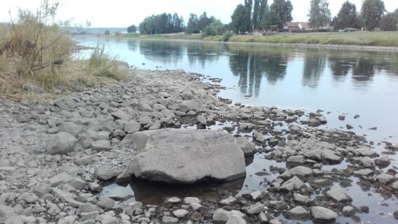 Ein Stein liegt trocken im Bett der Weser. © Klaus Matthes 