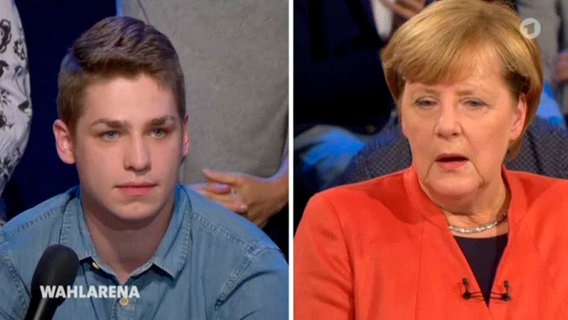 Der Krankenpfleger Alexander Jorde und Bundeskanzlerin Angela Merkel in der ARD-"Wahlarena". © dpa - Bildfunk 
