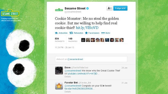 Ein Screenshot eines Tweets: "Cookie Monster: Me no steal the golden cookie. But we willing to help find real cookie thief!".  Foto: Screenshot