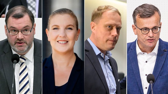 Carina Hermann (CDU), Klaus Wichmann (AfD), Wiard Siebels (SPD), Volker Bajus (Grüne) in einer Bildkombo. © picture alliance / Holger Hollemann/dpa | Carina Hermann |  picture alliance/dpa | Julian Stratenschulte  | picture alliance/dpa | Moritz Frankenberg 
