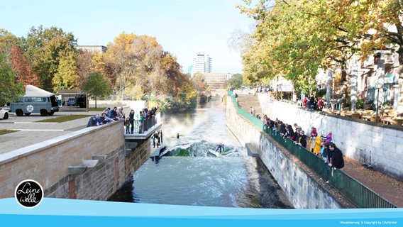 Eine Visualisierung zeigt, wie mehrere Personen auf der Leinewelle surfen und von Zuschauern angefeuert werden. © Cityförster 