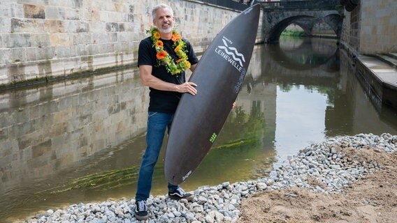 Heiko Heybey, Initiator und Vorsitzender vom Verein Leinewelle e.V., beim Spatenstich für das Surfprojekt "Leinewelle" in Hannover. © dpa-Bildfunk Foto: Julian Stratenschulte