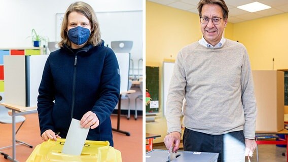 Julia Willie Hamburg (li, Grüne) und Stefan Birkner (re, FDP) geben ihre Stimme bei der Landtagswahl ab (Bildkombination). Julia Willie Hamburg (li, Grüne) und Stefan Birkner (re, FDP) geben ihre Stimme bei der Landtagswahl ab (Bildkombination). © Moritz Frankenberg/ Hauke-Christian Dittrich/dpa Foto: Moritz Frankenberg/Hauke-Christian Dittrich/dpa