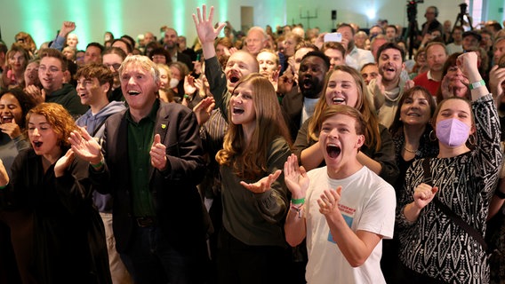 Anhänger der Grünen reagieren auf die ersten Prognosen zur Landtagswahl in Niedersachsen. © dpa-bildfunk Foto: Friso Gentsch