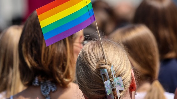 Eine Teilnehmerin trägt eine Regenbogenfahne im Haar bei einem Umzug zum Christopher Street Day (CSD). © dpa Foto: Focke Strangmann