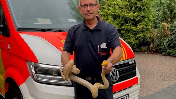 Eine Einsatzkraft der Feuerwehr hält eine Schlange im Arm. © Landeshauptstadt Hannover 