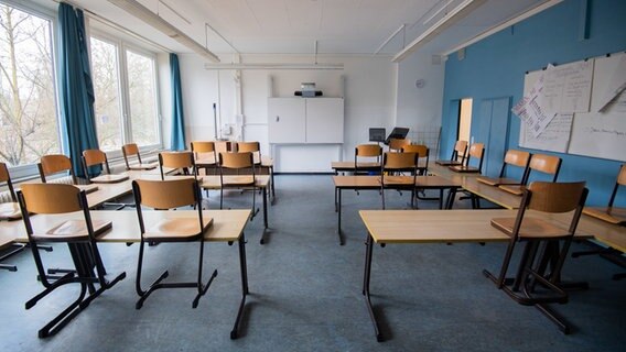 The chairs are placed above the tables in a classroom.  © picture alliance Photo: Julian Stratenschule
