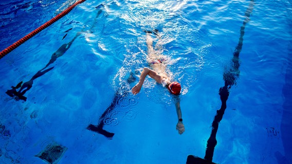 Ein Schwimmer im Wasser. © Hauke-Christian Dittrich/dpa Foto: Hauke-Christian Dittrich