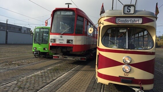 Eine historische Stadtbahn steht zwischen anderen Stadtbahnmodellen im Üstra Betriebshof in Hannover. © NDR Foto: Georg Poetzsch