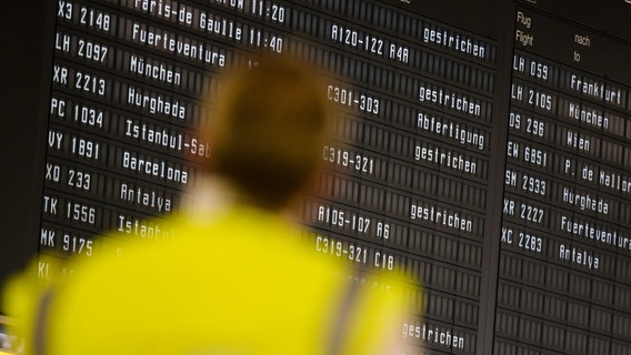 Sicherheitspersonal vom Flughafen Hannover steht bei einem vor einer Anzeigetafel. © dpa-Bildfunk Foto: Julian Stratenschulte