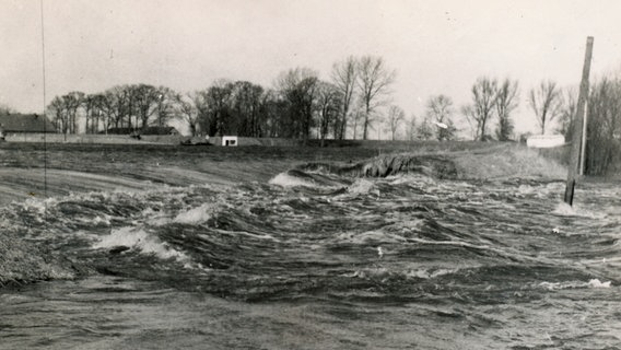 Eine historische Aufnahme der Sturmflut in der Gemeinde Völlen von 1962. © Archiv Gemeinde Westoverledingen 