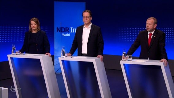 Die Spitzenkandidierenden Julia Willie Hamburg (Grüne), Stefan Birkner (FDP) und Stefan Marzischewski-Drewes (AfD) diskutieren kurz vor der Landtagswahl 2022 im NDR Fernsehen. © NDR 