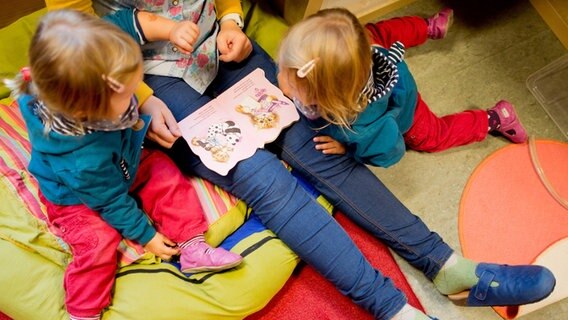Eine Erzieherin liest mit Zwillingen ein Buch in einer Kindertagesstätte der Arbeiterwohlfahrt in Hannover. © dpa Foto: Julian Stratenschulte