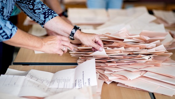 Eine Wahlhelferin sortiert in einem Wahllokal die Stimmzettel für die Auszählung. © picturealliance/dpa Foto: Hauke-Christian Dittrich