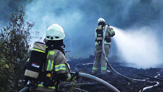 Feuerwehrleute löschen in der Nacht ein brennendes Waldstück.  